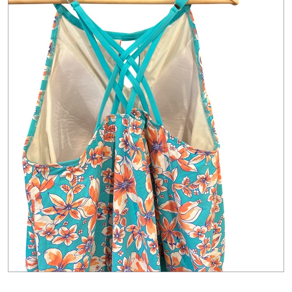Lands’ End Tankini Swimsuit Top Blouse on Floral Turquoise Coral Strappy sz 24W - Picture 9 of 15